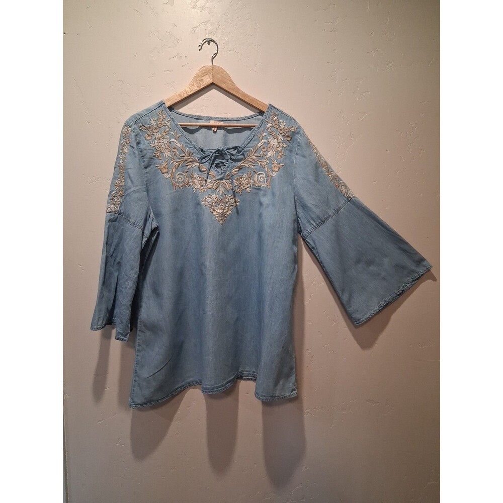 Reba Women's XL Embroidered Denim Laced V-Neck Tunic Top Western Cowboy FLAWS